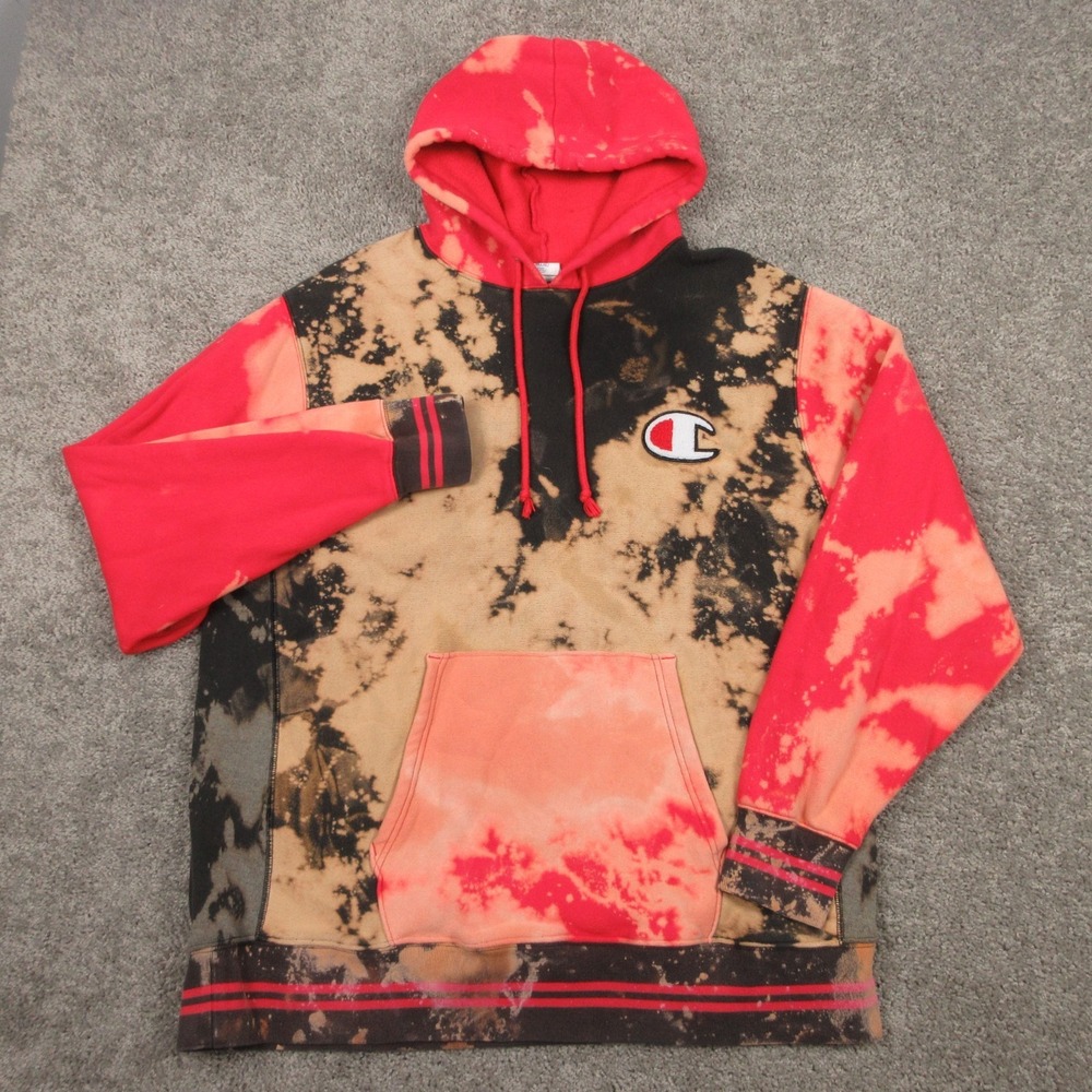 Champion Sweater Mens 2XL Black Red Bleach‎ Reverse Weave Logo Hoodie Sweatshirt